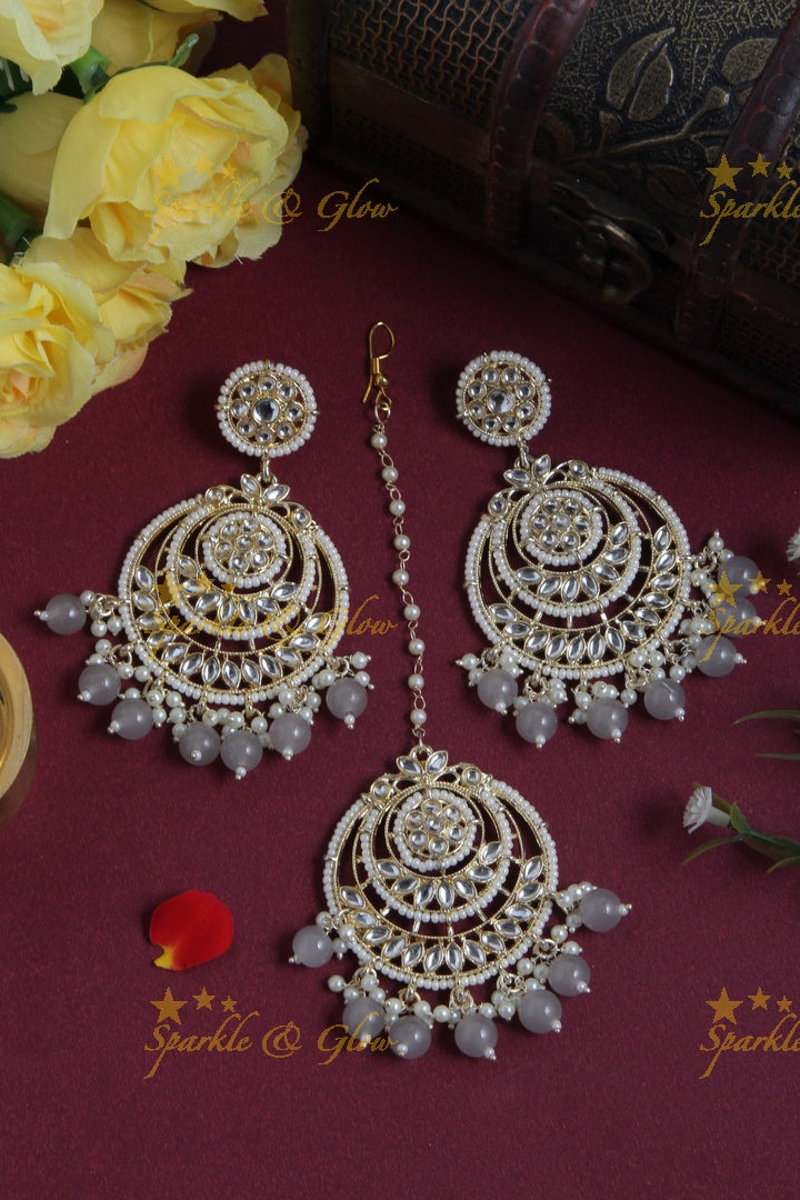 Beautiful White Stone Pearl Chandbalis with Maang Tikka
