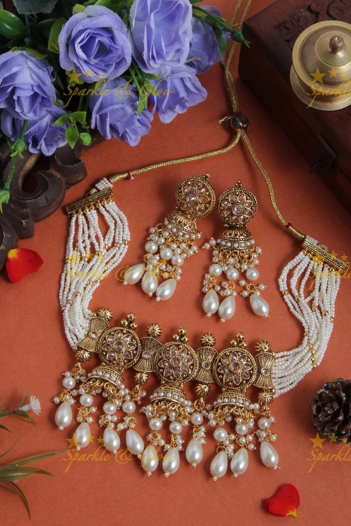 Beautiful Jhumka type pearl Pendent Choker - Pearl - Sparkle and Glow
