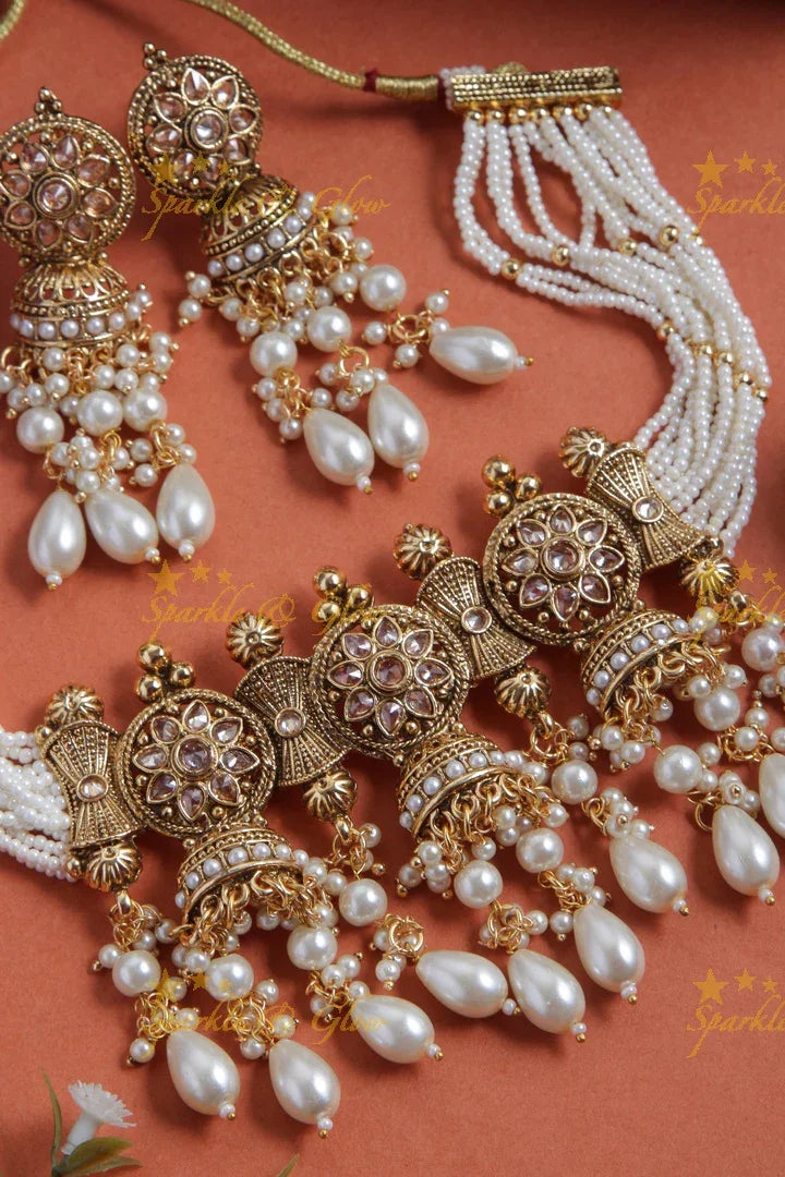 Beautiful Jhumka type pearl Pendent Choker - Pearl - Sparkle and Glow
