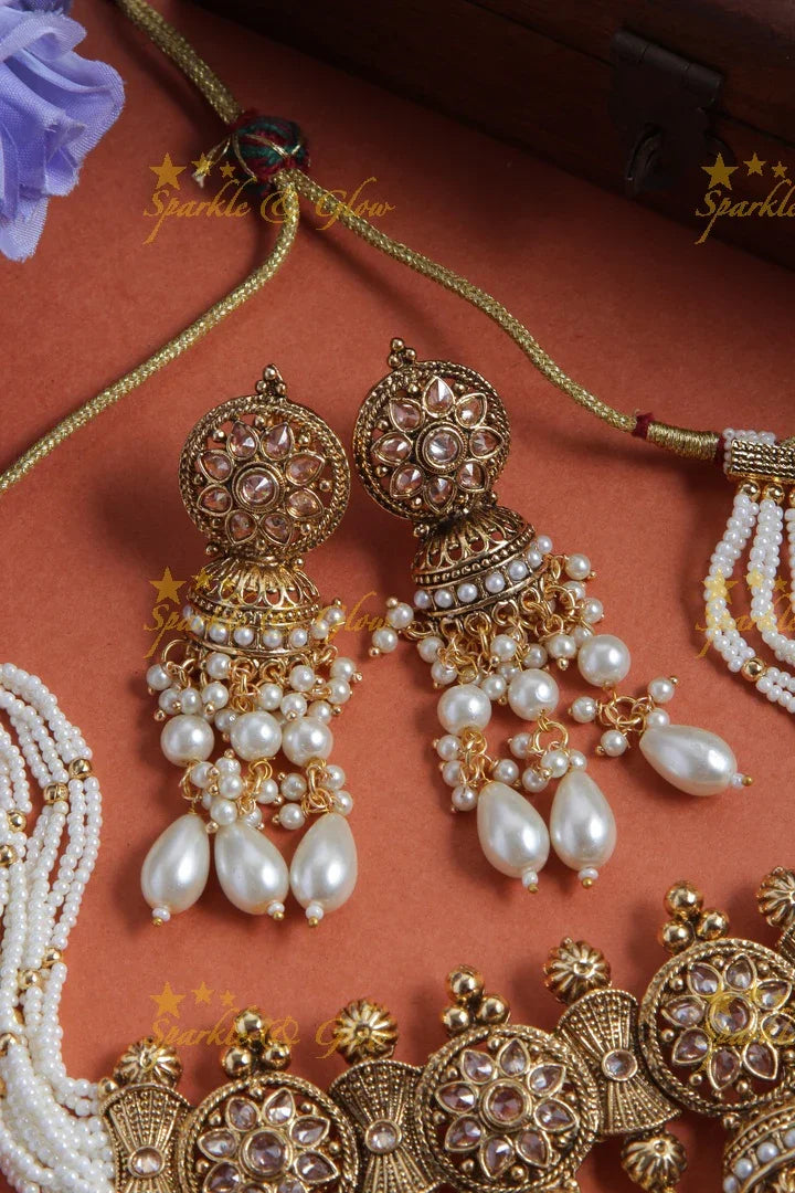 Beautiful Jhumka type pearl Pendent Choker - Pearl - Sparkle and Glow