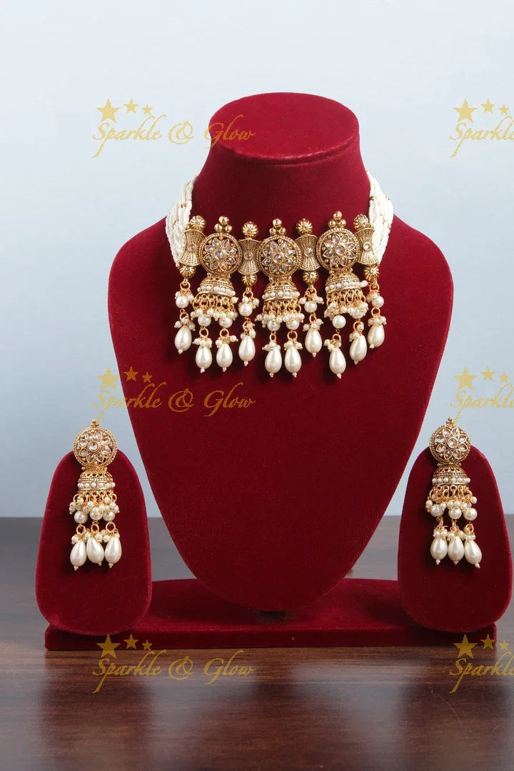 Beautiful Jhumka type pearl Pendent Choker - Pearl - Sparkle and Glow
