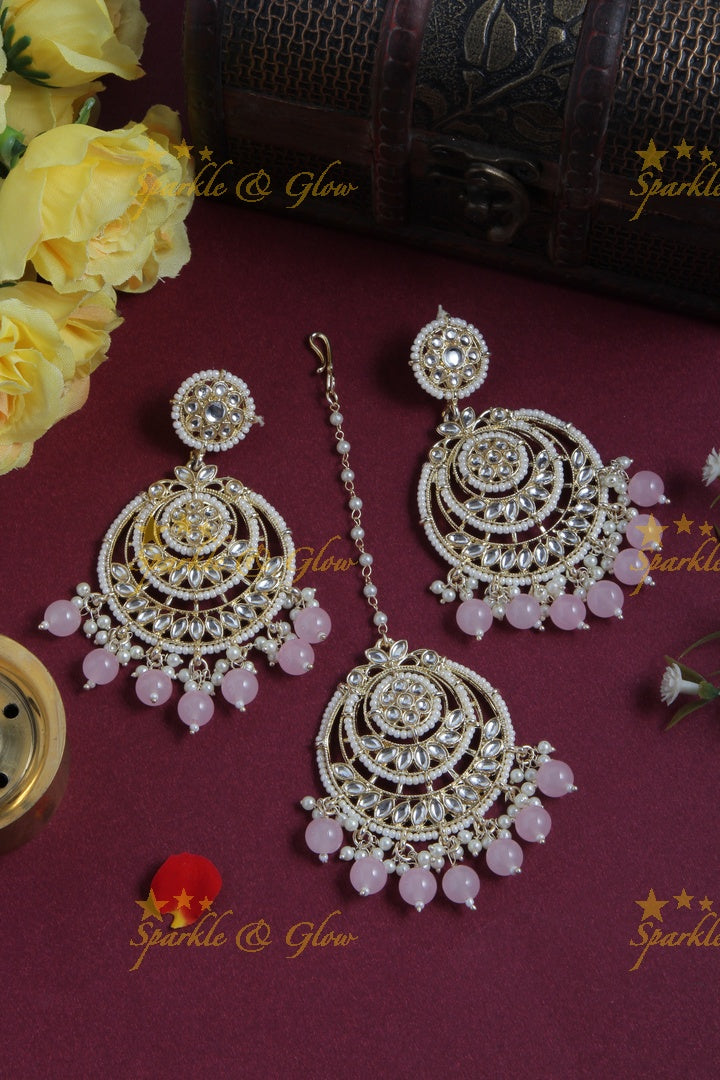 Beautiful White Stone Pearl Chandbalis with Maang Tikka