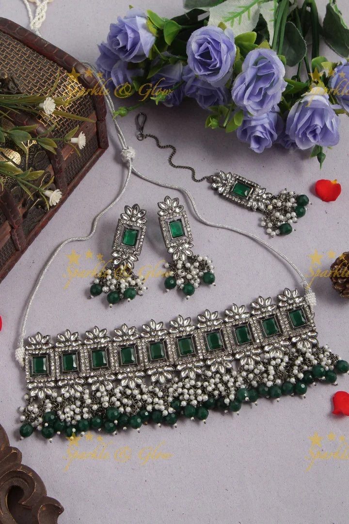 Floral Square stone Pearl choker Necklace with Maang Tikka - White - Sparkle and Glow