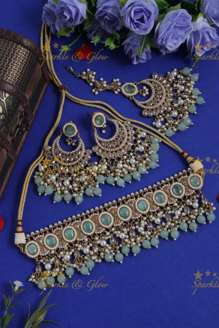 Beautiful Stone Pearl choker Necklace with Chandbalis and Maang Tikka - Maroon - Sparkle and Glow
