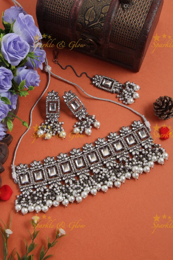 Floral Square stone Pearl choker Necklace with Maang Tikka - White - Sparkle and Glow