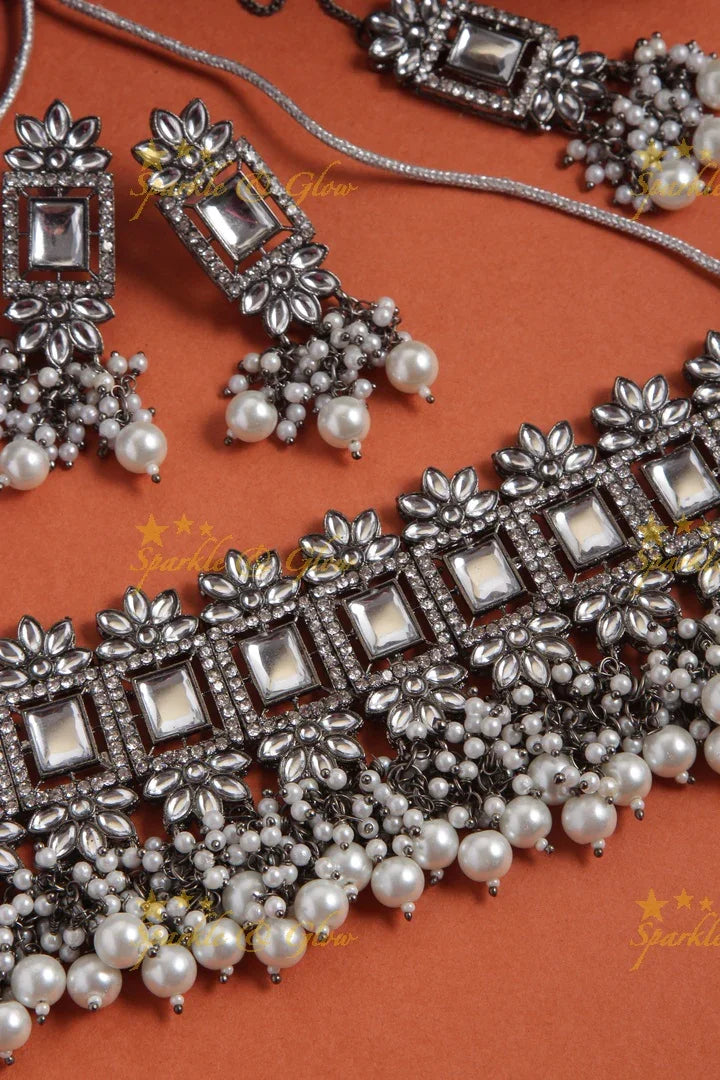 Floral Square stone Pearl choker Necklace with Maang Tikka - White - Sparkle and Glow