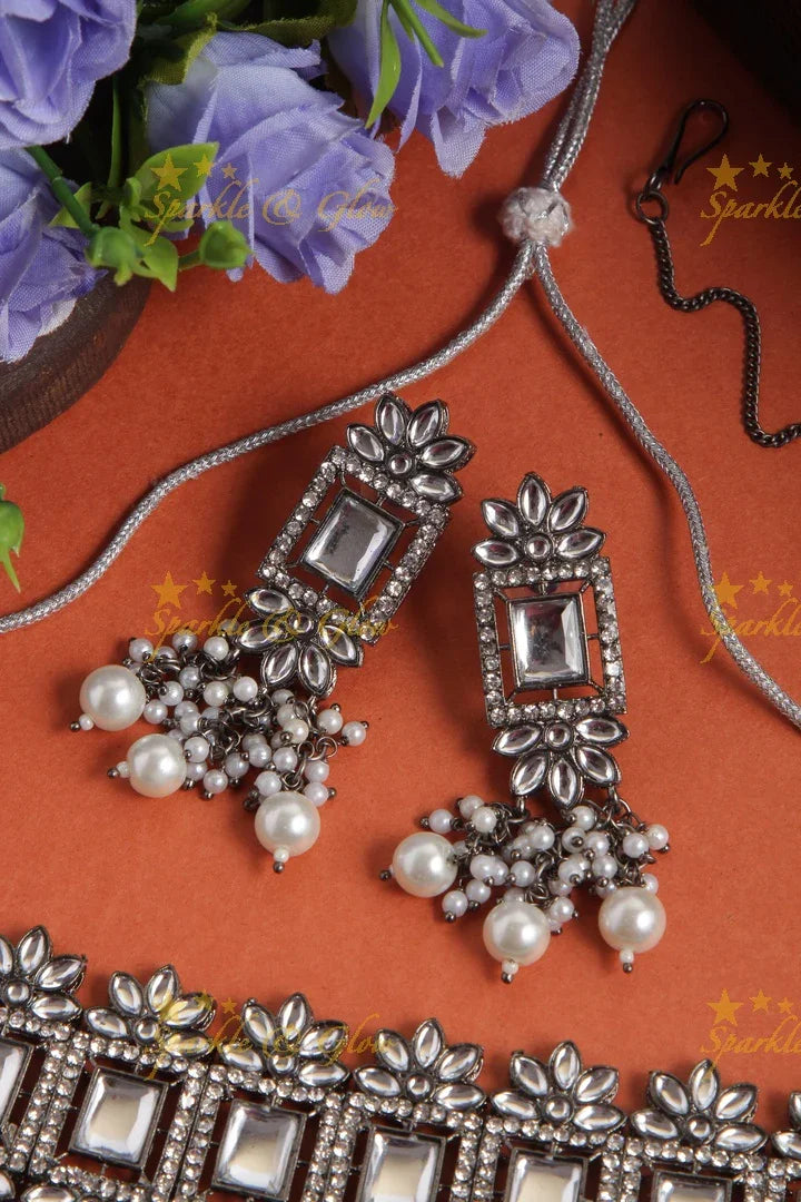 Floral Square stone Pearl choker Necklace with Maang Tikka - White - Sparkle and Glow