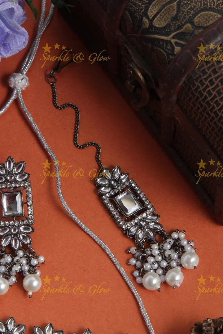 Floral Square stone Pearl choker Necklace with Maang Tikka - White - Sparkle and Glow