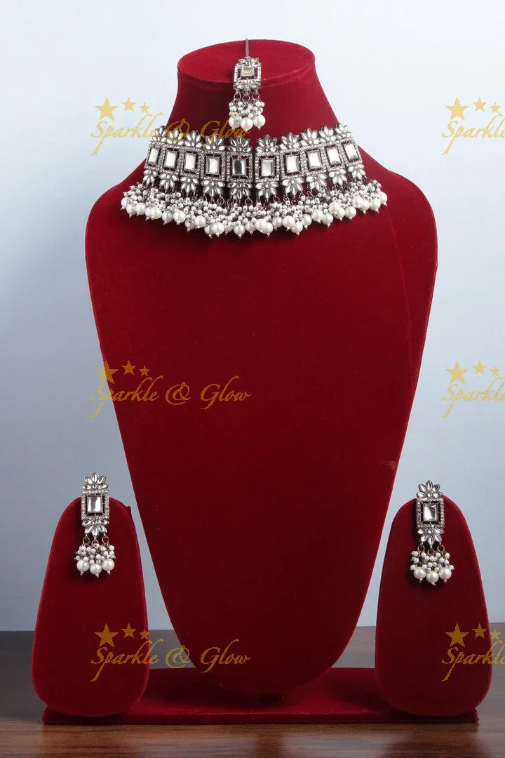 Floral Square stone Pearl choker Necklace with Maang Tikka - White - Sparkle and Glow