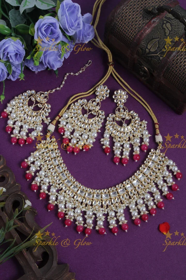 Beautiful Pearl stone necklace with floral studded earrings and maang tikka - Pearl - Sparkle and Glow