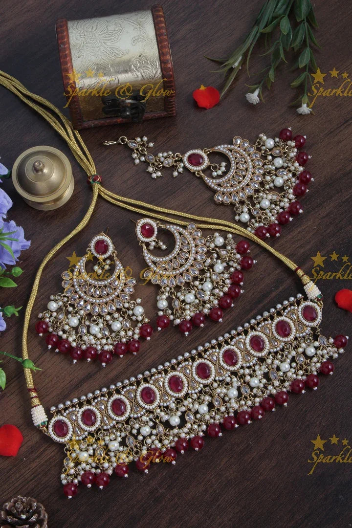 Beautiful Stone Pearl choker Necklace with Chandbalis and Maang Tikka - Maroon - Sparkle and Glow