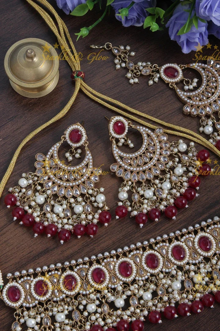 Beautiful Stone Pearl choker Necklace with Chandbalis and Maang Tikka - Maroon - Sparkle and Glow