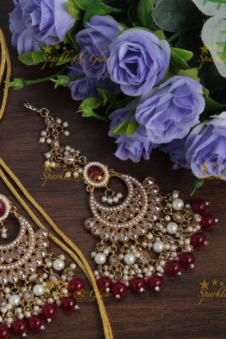 Beautiful Stone Pearl choker Necklace with Chandbalis and Maang Tikka - Maroon - Sparkle and Glow