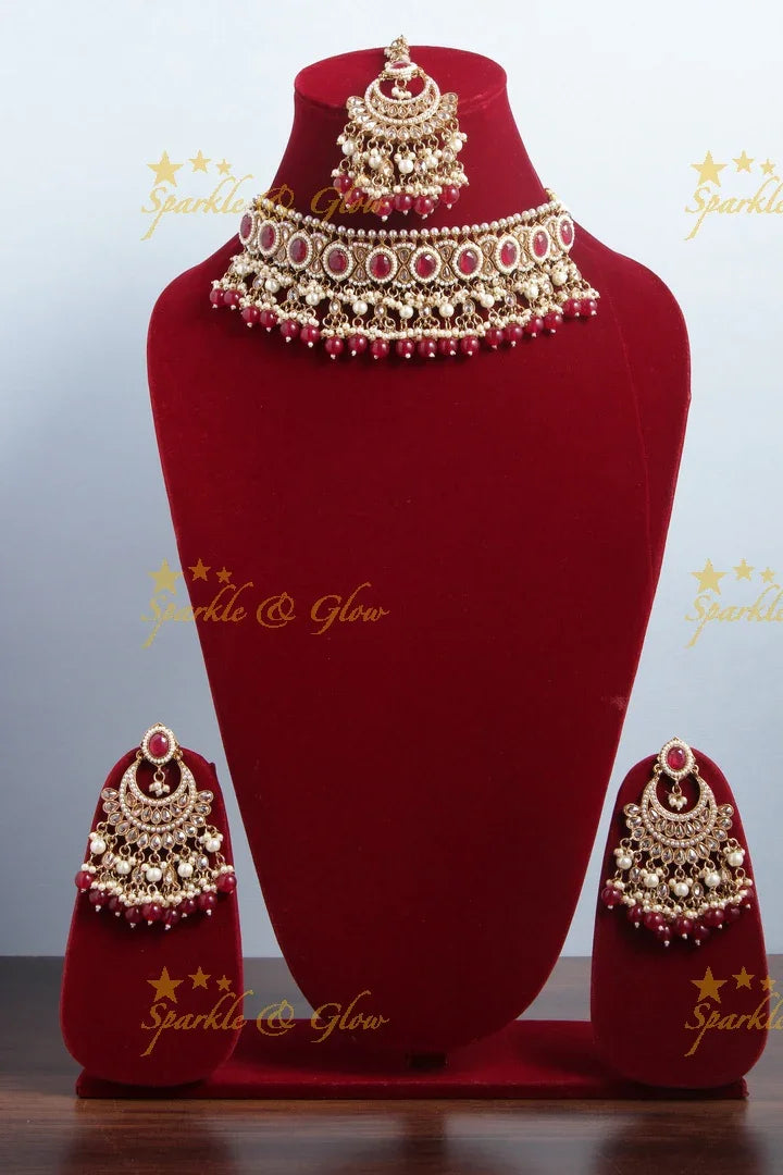 Beautiful Stone Pearl choker Necklace with Chandbalis and Maang Tikka - Maroon - Sparkle and Glow