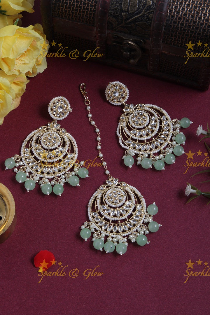 Beautiful White Stone Pearl Chandbalis with Maang Tikka