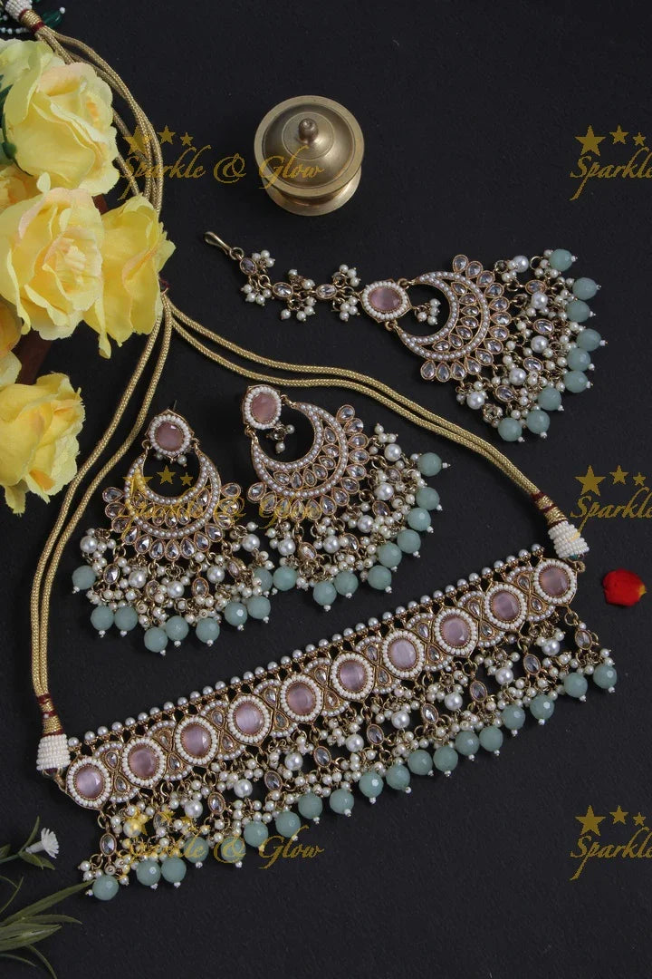 Beautiful Stone Pearl choker Necklace with Chandbalis and Maang Tikka - Maroon - Sparkle and Glow