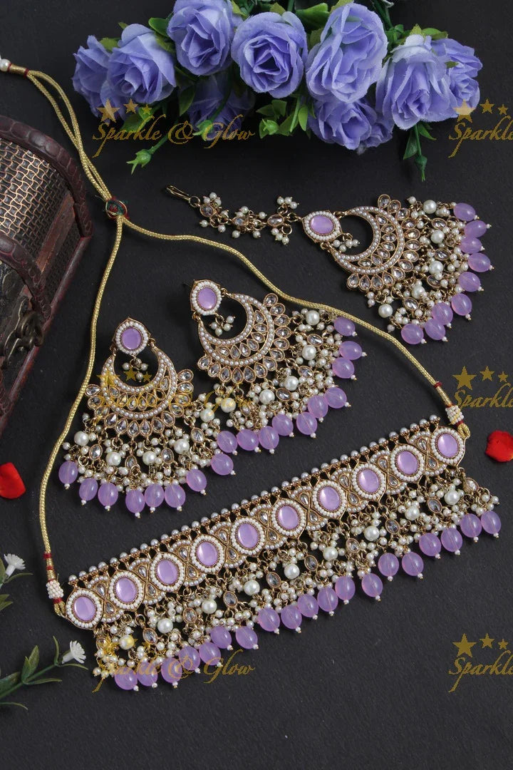 Beautiful Stone Pearl choker Necklace with Chandbalis and Maang Tikka - Maroon - Sparkle and Glow