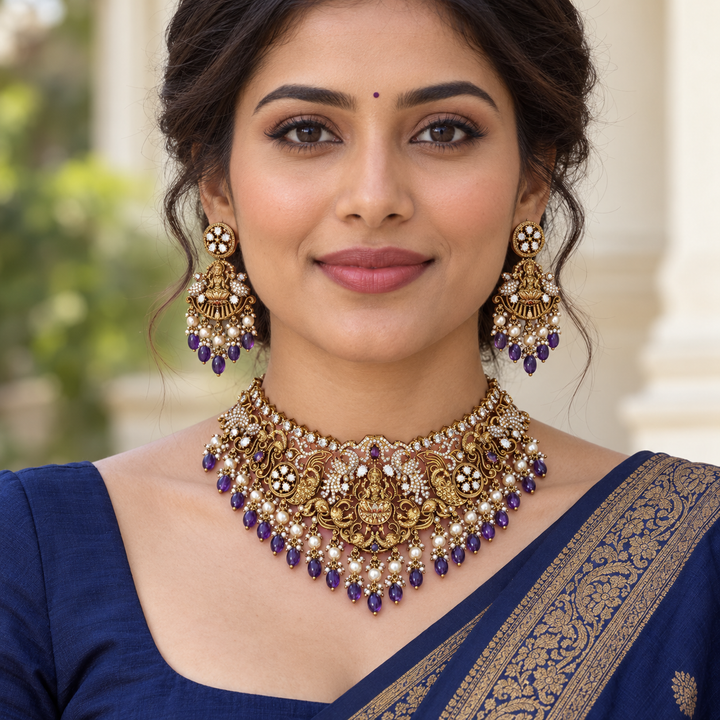 Exquisite Temple Style Lakshmi Peacock Necklace Set