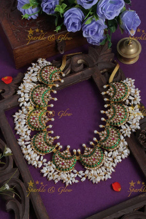 Moon Shaped Floral Jadau Necklace with Rice Pearls