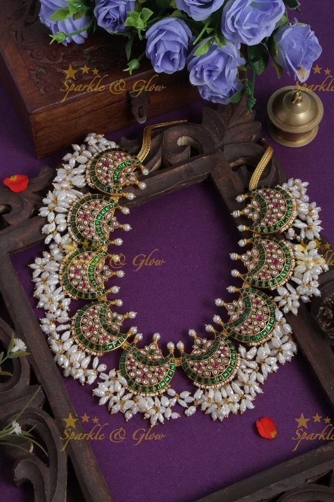 Moon Shaped Floral Jadau Necklace with Rice Pearls