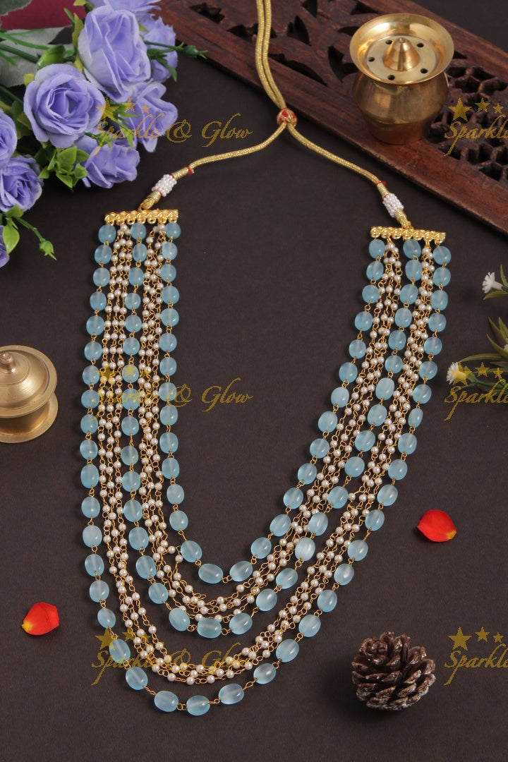 Layered Gold Alike Pearl chain bead long necklace - Green