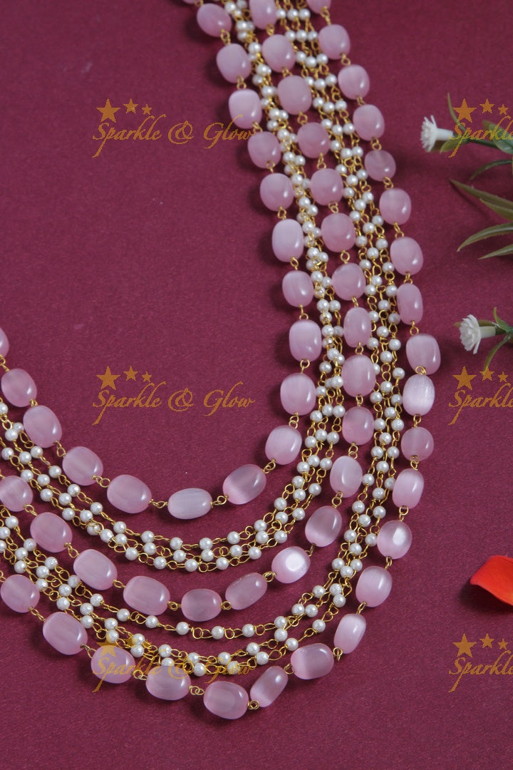 Layered Gold Alike Pearl chain bead long necklace - Light Pink