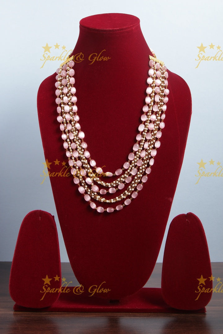 Layered Gold Alike Pearl chain bead long necklace - Light Pink