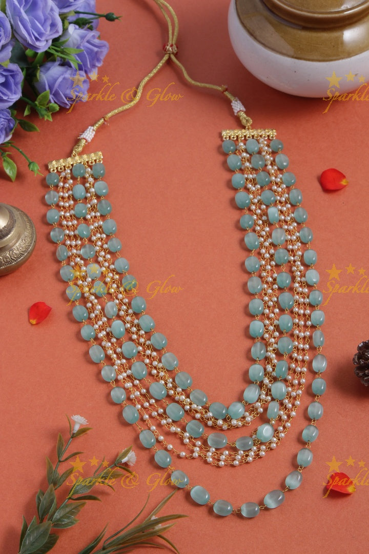 Layered Gold Alike Pearl chain bead long necklace - Light Pink