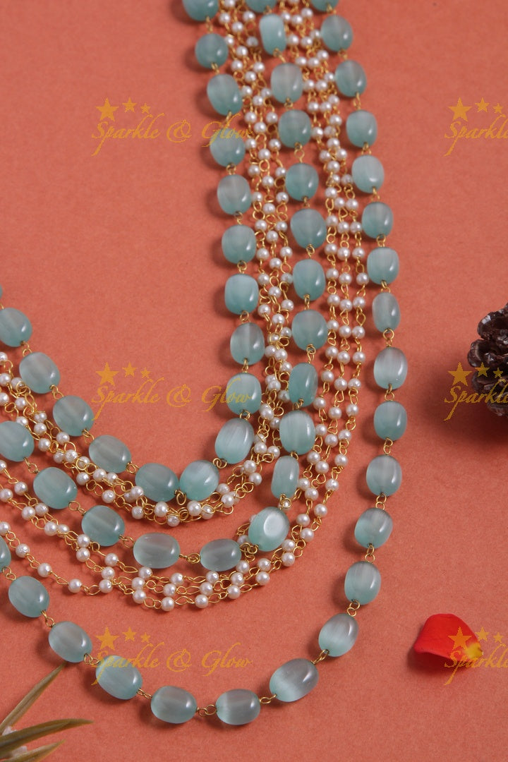 Layered Gold Alike Pearl chain bead long necklace - Mint Green