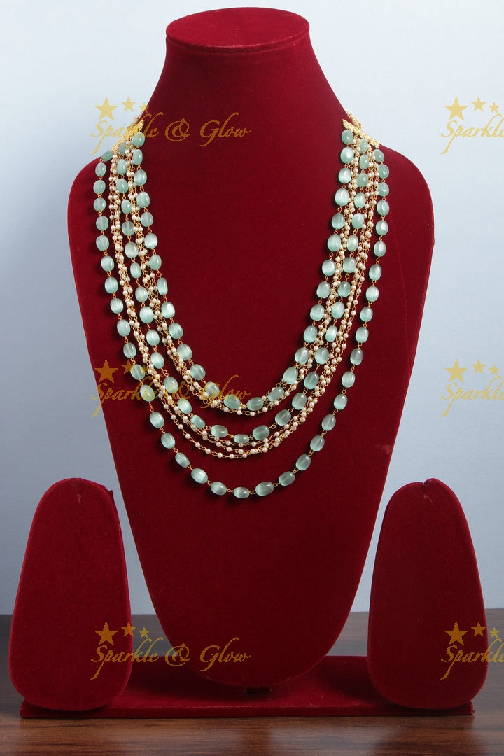 Layered Gold Alike Pearl chain bead long necklace - Mint Green