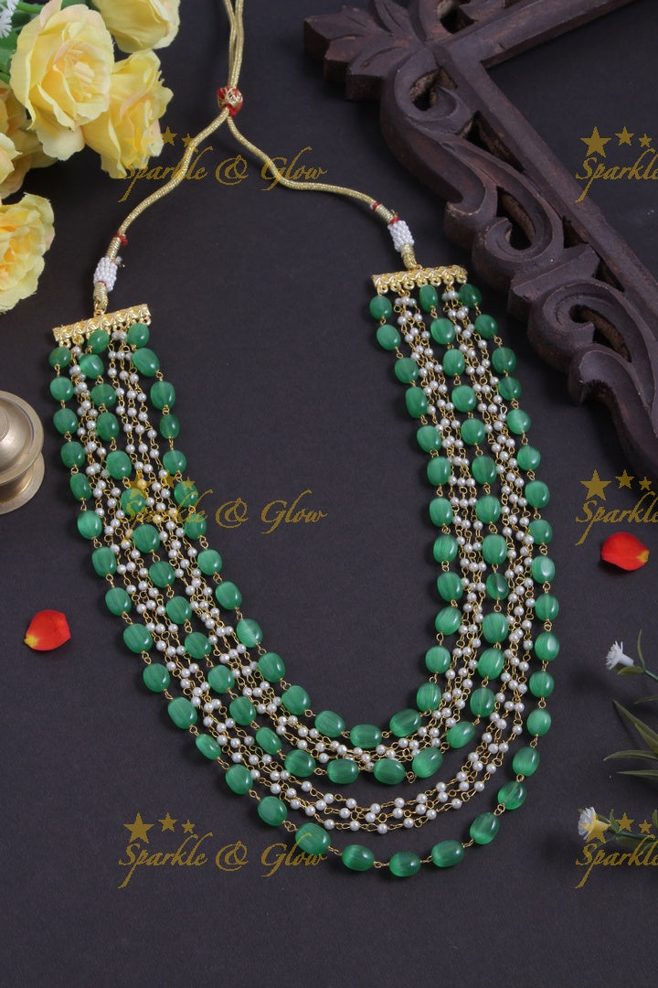Layered Gold Alike Pearl chain bead long necklace - Mint Green