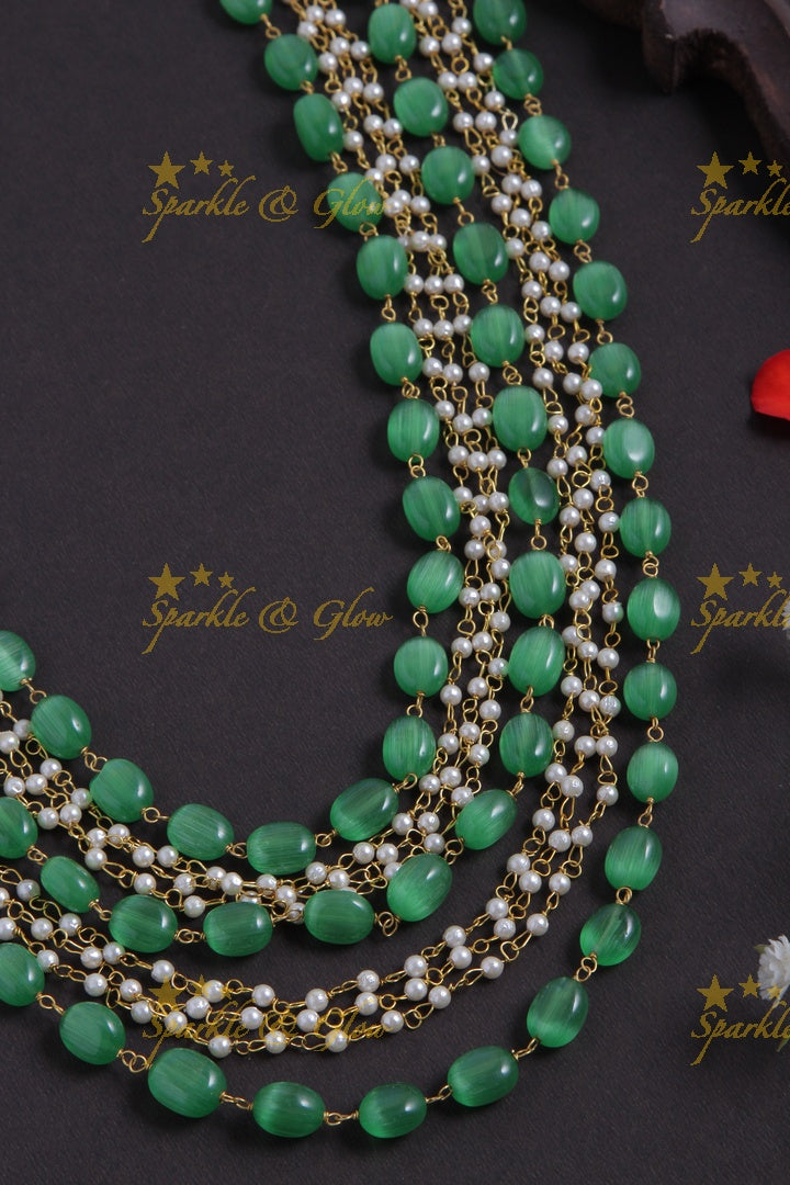 Layered Gold Alike Pearl chain bead long necklace - Green