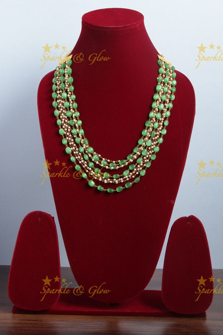 Layered Gold Alike Pearl chain bead long necklace - Green