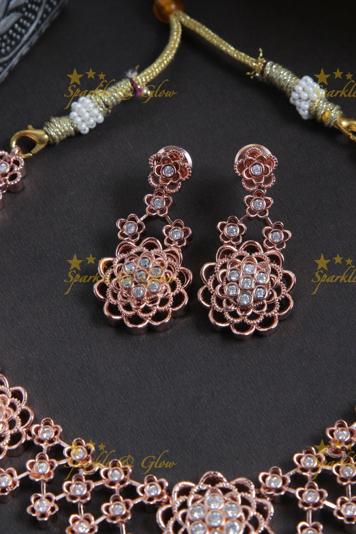 Beautiful Rose Gold AD Stone Floral Necklace