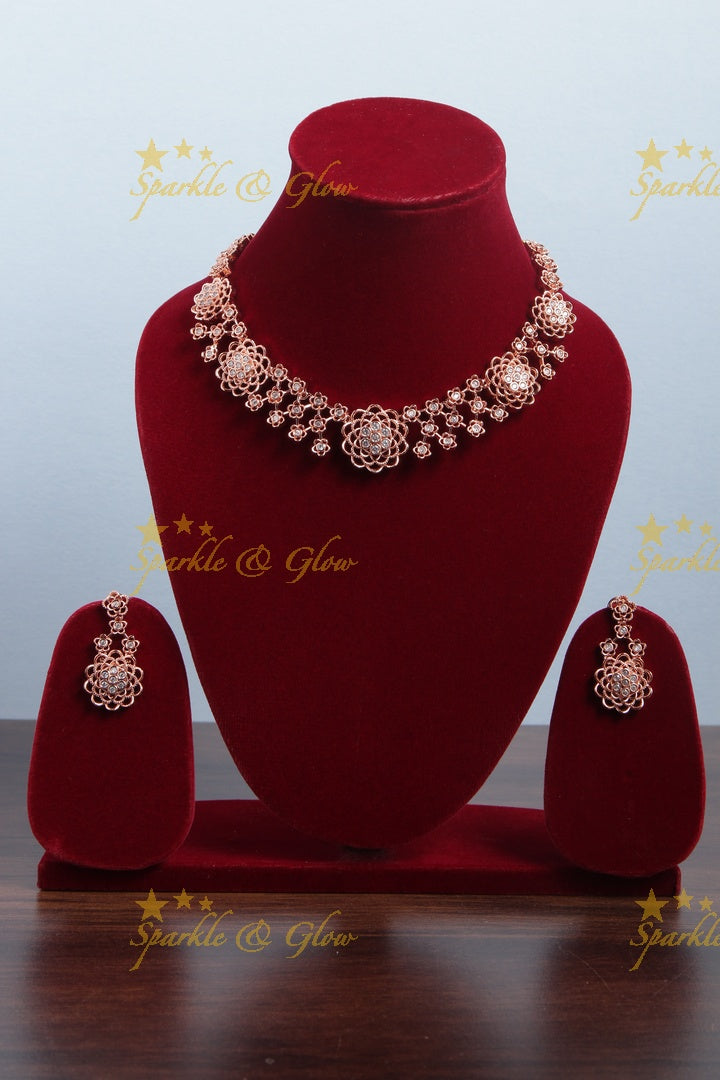 Beautiful Rose Gold AD Stone Floral Necklace