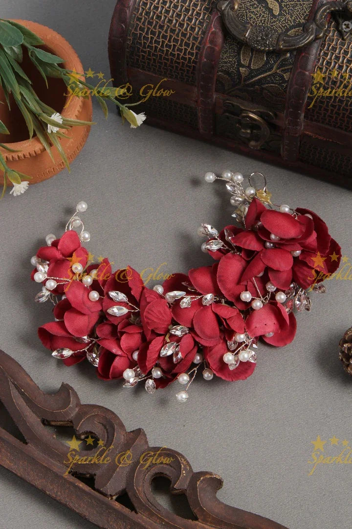 Red Rose Petal & Pearl Transparent Hair Veena Gajra