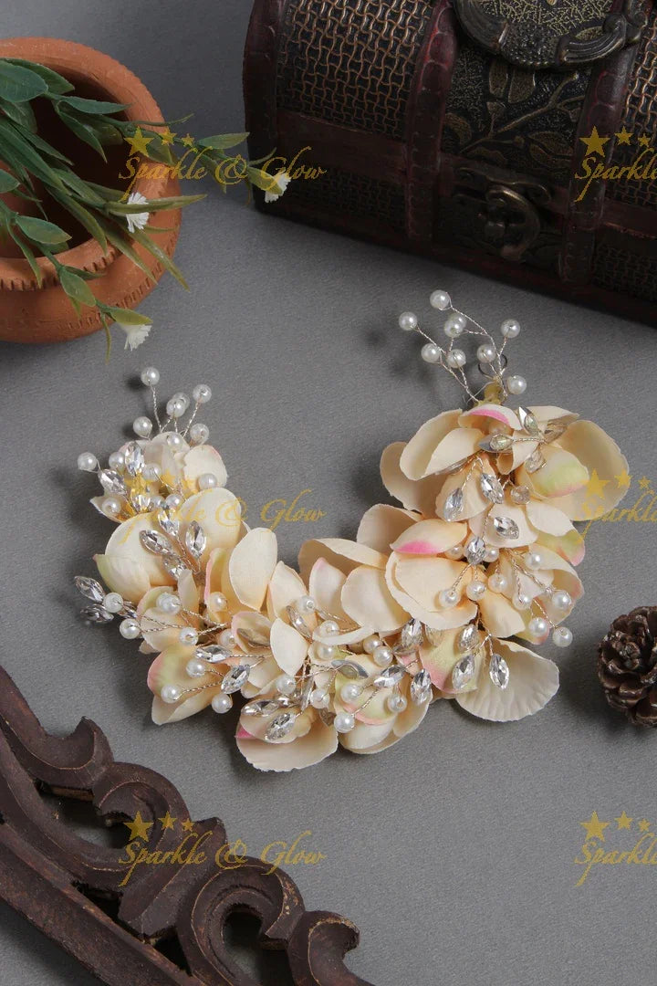 Red Rose Petal & Pearl Transparent Hair Veena Gajra