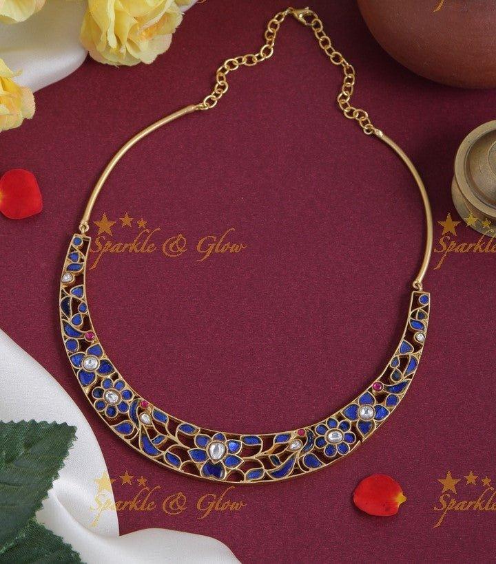 Gold Alike Jadau Floral Peacock Choker - Blue - Sparkle and Glow