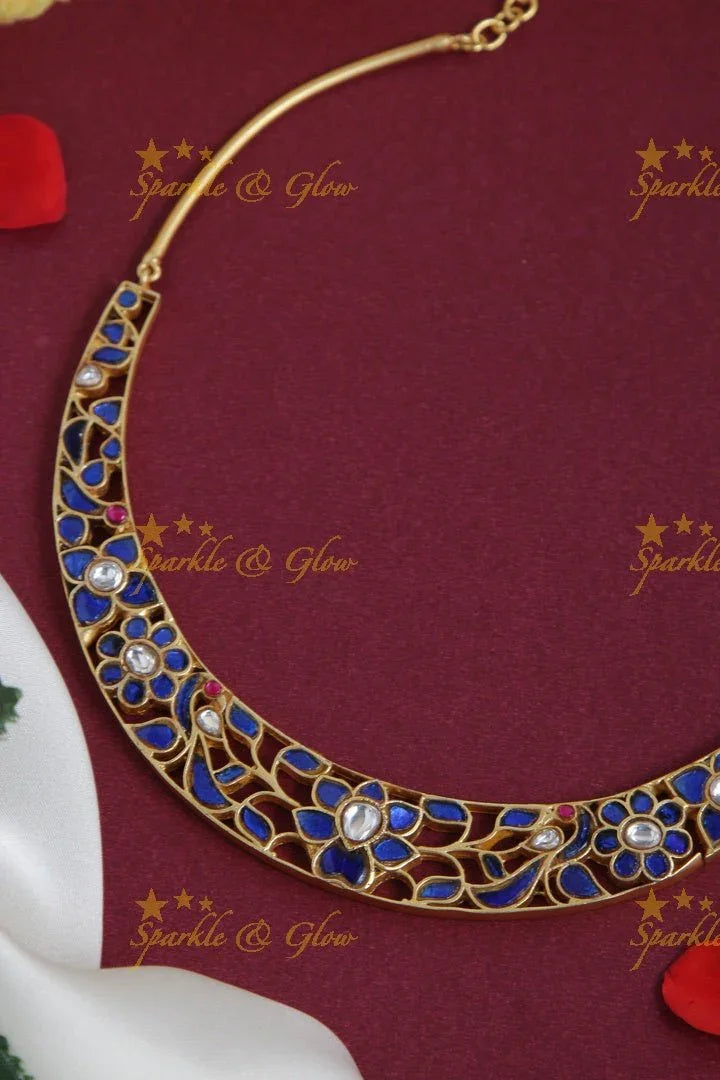 Gold Alike Jadau Floral Peacock Choker - Blue - Sparkle and Glow