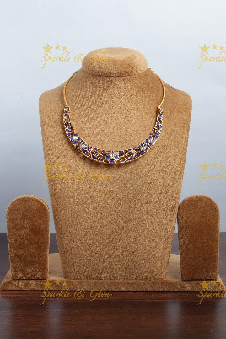 Gold Alike Jadau Floral Peacock Choker - Blue - Sparkle and Glow
