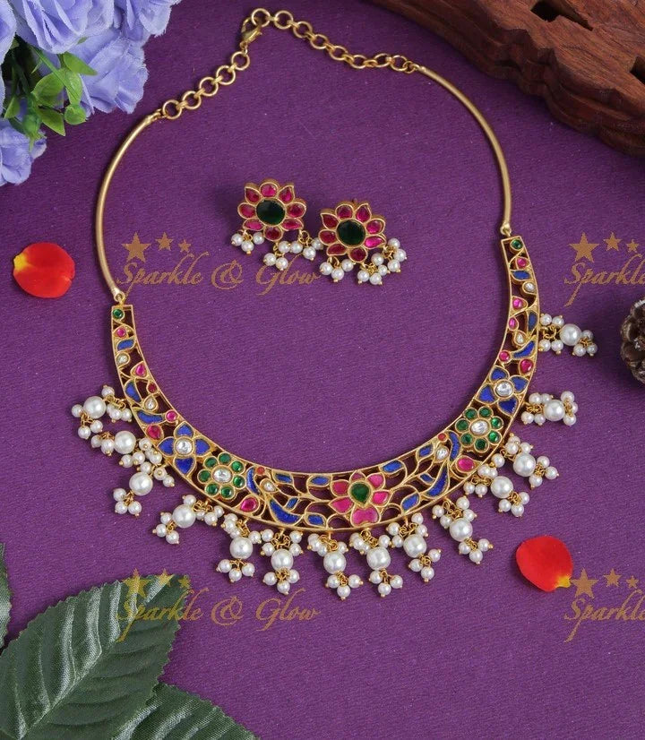 Jadau Floral Peacock Design Gutta Pusalu Choker - Multi - Sparkle and Glow