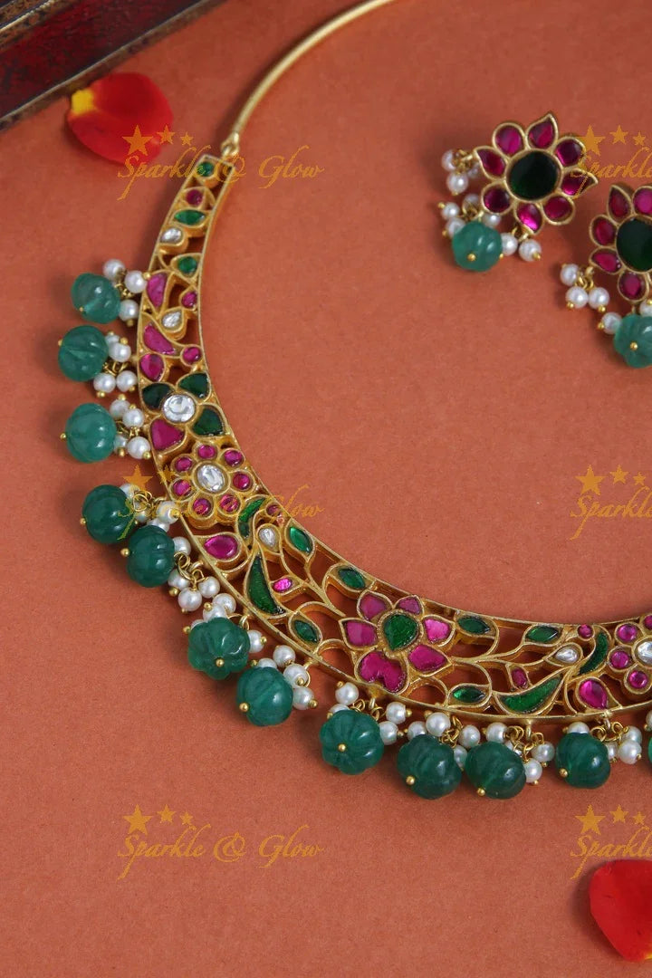 Jadau Floral Peacock Design Gutta Pusalu Choker - Multi - Sparkle and Glow