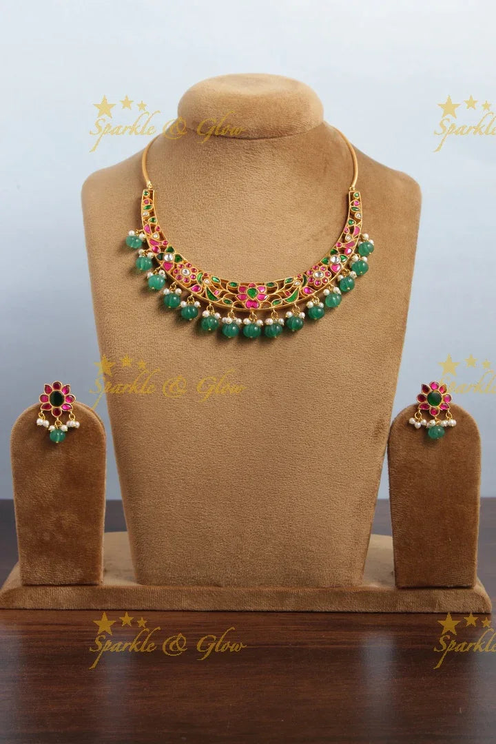 Jadau Floral Peacock Design Gutta Pusalu Choker - Multi - Sparkle and Glow