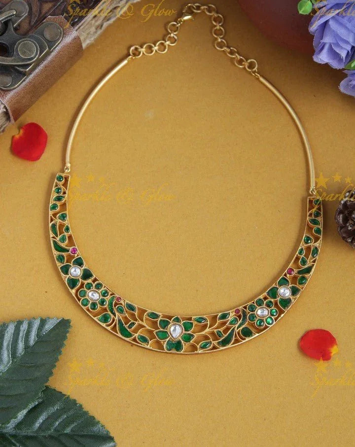 Gold Alike Jadau Floral Peacock Choker - Blue - Sparkle and Glow
