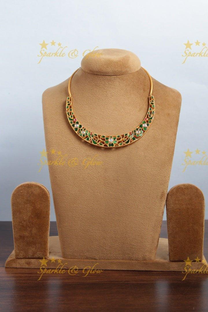 Gold Alike Jadau Floral Peacock Choker - Blue - Sparkle and Glow