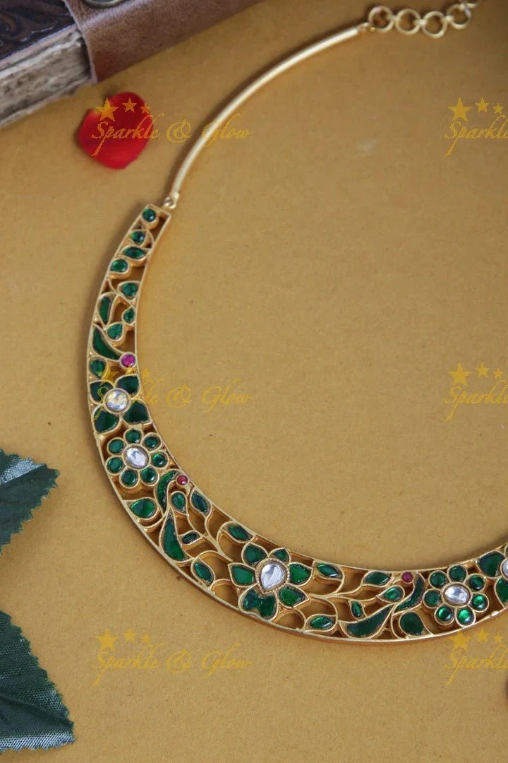 Gold Alike Jadau Floral Peacock Choker - Blue - Sparkle and Glow
