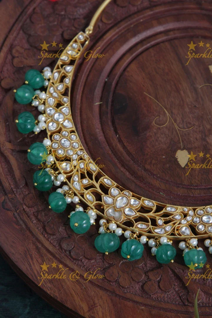 Jadau Floral Peacock Design Gutta Pusalu Choker - Green - Sparkle and Glow
