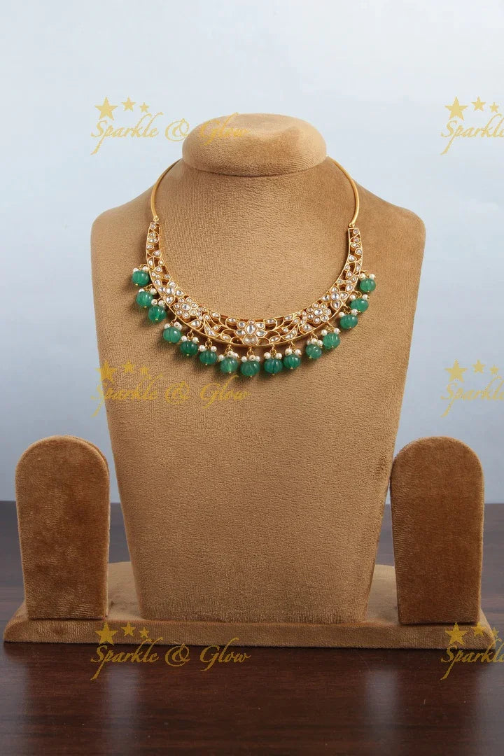 Jadau Floral Peacock Design Gutta Pusalu Choker - Green - Sparkle and Glow