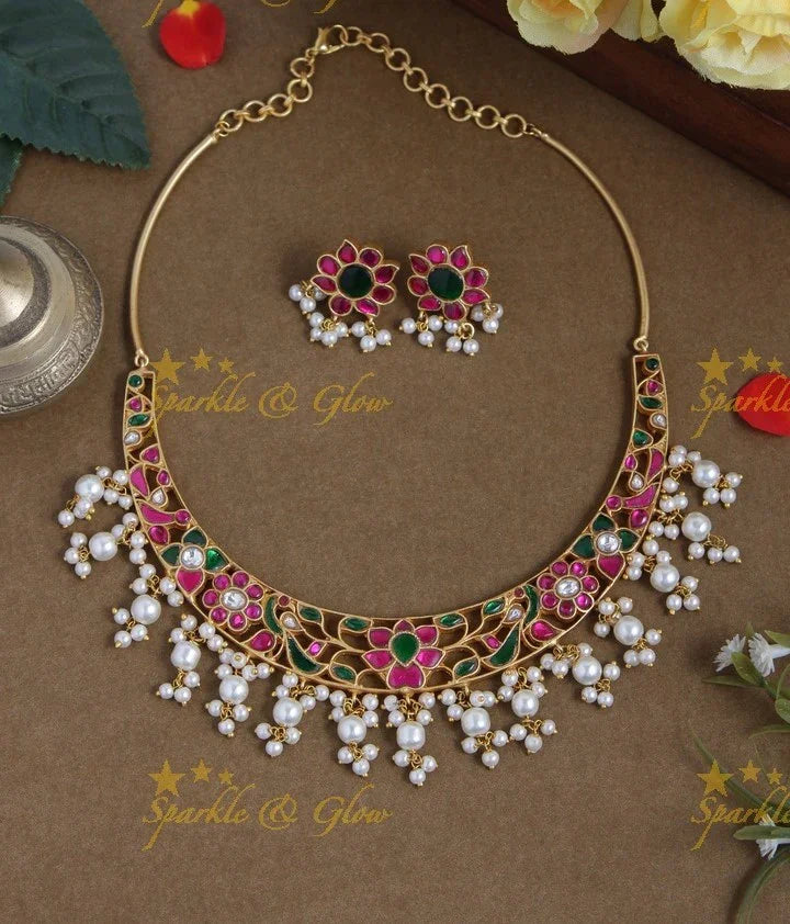 Jadau Floral Peacock Design Gutta Pusalu Choker - Multi - Sparkle and Glow