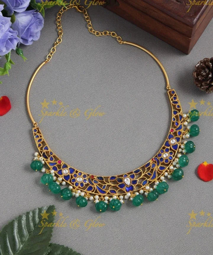 Jadau Floral Peacock Design Gutta Pusalu Choker - Green - Sparkle and Glow